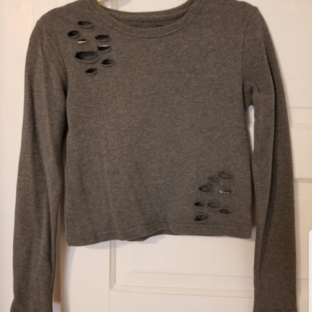 Womens Alpahlete Gray Distressed Long Sleeve Top